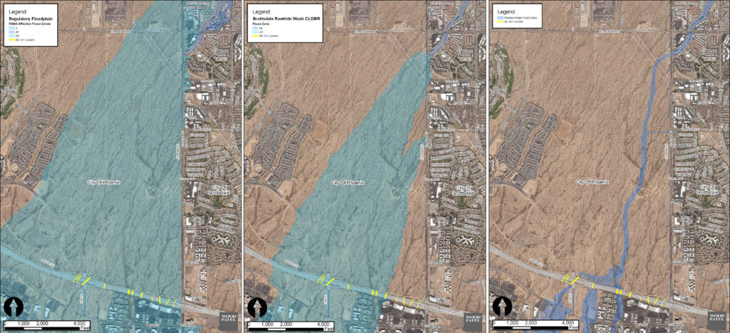 Three aerial maps compare existing FEMA, Rawhide Wash CLOMR, and mitigated Paradise Ridge flood zones near SR 101.